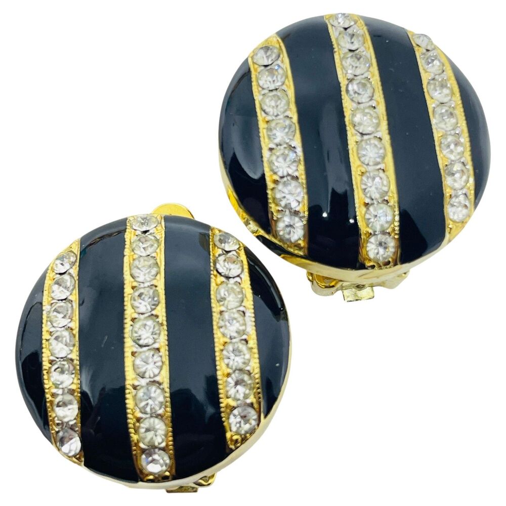 Vintage gold tone enamel rhinestones designer 80's clip on earrings